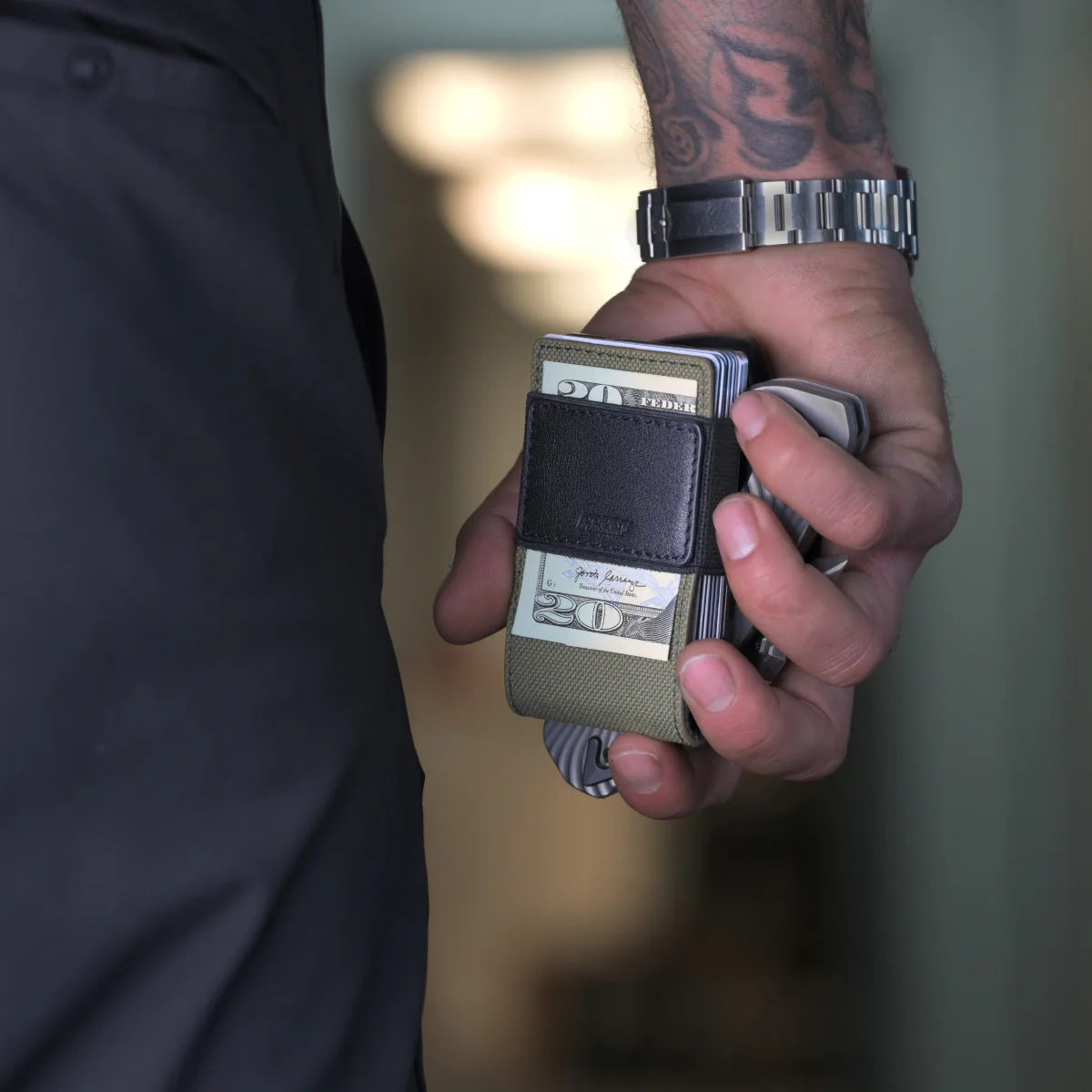 PROOF Wallet | The Sentinel | Olive Drab Ballistic Nylon & Black Full Grain Leather with Dark Gunmetal - Image 3